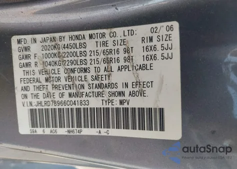 2006 Honda Cr-V Se из США, поврежденный, VIN JHLRD78966C041833